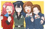  4girls :d anzio_military_uniform arm_around_shoulder bandaid_on_forehead bandaid_on_head bangs belt black_belt black_hair black_shirt blue_jacket blue_ribbon braid brown_hair closed_eyes commentary_request dress_shirt epaulettes facing_viewer fang flag girls_und_panzer green_shirt grey_jacket grin group_hug hair_ribbon highres holding holding_flag hug jacket kadotani_anzu long_hair long_sleeves medium_hair military military_uniform multiple_girls nishizumi_miho ooarai_military_uniform open_mouth outside_border parted_bangs pepperoni_(girls_und_panzer) red_hair red_jacket ribbon rosehip_(girls_und_panzer) shirt short_hair side_braid skin_fang smile st._gloriana&#039;s_military_uniform twintails uniform v wing_collar yellow_background zono_(inokura_syuzo029) 