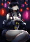  1girl black_hair breasts diamond_(shape) glass_(tate_no_yuusha_no_nariagari) hair_over_breasts highres lights long_hair looking_at_viewer nevblindarts nose red_eyes robe shaded_face shadow simple_background smile solo tate_no_yuusha_no_nariagari thighs 