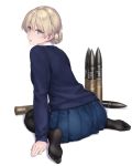  1girl ammunition ass bangs black_legwear blonde_hair blue_eyes blue_skirt braid collar collared_shirt commentary_request darjeeling_(girls_und_panzer) eyebrows_visible_through_hair from_behind full_body girls_und_panzer hair_between_eyes highres long_sleeves looking_at_viewer looking_back military open_mouth pantyhose rokuwata_tomoe school_uniform shadow shells shirt short_hair simple_background sitting skirt solo st._gloriana&#039;s_school_uniform tied_hair uniform white_background white_shirt 