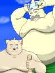  2013 3:4 anthro belly bottomwear clothing duo facial_hair humanoid_hands kemono lagomorph leporid male mammal moobs mustache navel nipples overweight overweight_male rabbit shorts ursid yanaka 