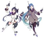  2girls adapted_turret alternate_costume bangs black_legwear blazer blue_eyes blue_hair blue_neckwear cannon coat collared_shirt commentary_request full_body gloves gradient_hair green_eyes grey_coat highres jacket kantai_collection long_hair looking_at_viewer low_twintails machinery multicolored_hair multiple_girls neckerchief necktie original_remodel_(kantai_collection) pleated_skirt ribbon samidare_(kantai_collection) school_uniform searchlight shirt simple_background skirt smile smokestack suzukaze_(kantai_collection) swept_bangs thighhighs torpedo_launcher transparent_background turret twintails uyama_hajime very_long_hair white_background white_gloves white_jacket white_legwear white_skirt 