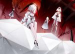  blindfold boots breasts cape cleavage dress group headdress hoodie long_hair moemoe3345 original polychromatic red short_hair shorts thighhighs white_hair zettai_ryouiki 