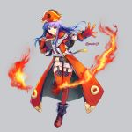 1girl adapted_costume ane-suisei bicorne black_footwear blue_eyes blue_hair book boots breasts closed_mouth coat commentary dress fire fire_emblem fire_emblem:_the_binding_blade floating_hair full_body garter_straps gloves grey_background hat highres holding holding_book lilina_(fire_emblem) long_hair looking_at_viewer magic open_clothes open_coat outstretched_arm outstretched_hand red_coat red_gloves red_headwear red_legwear short_dress simple_background small_breasts smile solo standing standing_on_one_leg thighhighs twitter_username white_dress zettai_ryouiki 