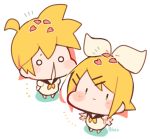  /\/\/\ 1boy 1girl baby black_collar blonde_hair blush_stickers bow chibi collar expressionless hair_bow hair_ornament hairclip kagamine_len kagamine_rin kitsune_no_ko looking_at_viewer neckerchief nose_drip petals sailor_collar shirt short_hair short_ponytail solid_circle_eyes spiked_hair twitter_username vocaloid waving_arms white_bow white_shirt yellow_neckwear younger 