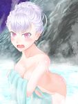  1girl alternate_hairstyle angry black_clover blue_towel blush breasts cleavage collarbone commentary_request embarrassed eyebrows_visible_through_hair hair_up highres large_breasts m_o_n_t_e_n naked_towel noelle_silva nude onsen open_mouth purple_eyes silver_hair solo towel water wavy_mouth 