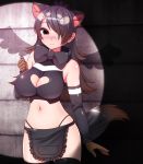  1girl animal_ears apron arm_at_side australian_devil_(kemono_friends) bangs bare_shoulders black_hair black_legwear blush bow bowtie breasts brown_eyes brown_hair cleavage cleavage_cutout closed_mouth cowboy_shot crop_top detached_sleeves empty_eyes extra_ears eyebrows_visible_through_hair eyepatch frilled_apron frills furrowed_eyebrows gloves grey_hair hair_over_one_eye hand_up heart_cutout highleg highleg_panties highres impossible_clothes kemono_friends long_hair looking_at_viewer medical_eyepatch midriff multicolored_hair navel no_pants nose_blush panties parted_bangs shiny shiny_skin sleeveless smile solo stomach tail tasmanian_devil_ears tasmanian_devil_tail thighhighs totokichi underwear waist_apron 