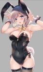  1girl absurdres animal_ears armpits arms_up bangs bare_arms bare_shoulders black_leotard blue_eyes blush breasts bunny_ears bunny_tail bunnysuit cleavage detached_collar eyebrows_visible_through_hair fake_animal_ears grey_background grey_legwear hair_ornament hairclip hamakaze_(kantai_collection) highres kantai_collection large_breasts leotard monoto open_mouth short_hair silver_hair simple_background skindentation solo tail thighhighs yellow_neckwear 