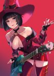  1girl absurdres artist_name bare_shoulders blue_eyes bob_cut boots breasts collarbone commentary_request electric_guitar eyebrows_visible_through_hair fingerless_gloves fingernails floating floating_object gloves gradient gradient_background green_eyes guilty_gear guilty_gear_xrd guitar halterneck hat heterochromia highres i-no instrument kagematsuri leaning_forward les_paul lips lipstick looking_at_viewer makeup medium_breasts mole mole_above_mouth nail_polish o-ring o-ring_top red_footwear red_headwear red_legwear revealing_clothes shiny shiny_hair short_hair simple_background smile solo thigh_boots thighhighs witch_hat zettai_ryouiki 