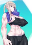  1girl abs alternate_breast_size biceps bike_shorts black_bra black_sports_bra blonde_hair bra breasts cameltoe cleavage commentary_request covered_nipples graf_zeppelin_(kantai_collection) grey_eyes highres impossible_clothes kantai_collection large_breasts midriff mizuumi_(bb) muscle muscular_female navel puffy_nipples solo sports_bra sportswear tsurime twintails underwear 