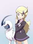  1girl absol asymmetrical_bangs ayaka_(pokemon) ayo_(ayosanri009) bangs black_shirt black_skirt blonde_hair blue_background brown_eyes commentary_request cowboy_shot creature frown furrowed_eyebrows gen_3_pokemon long_hair long_sleeves looking_at_viewer pokemon pokemon_(anime) pokemon_(creature) pokemon_xy_(anime) shirt sidelocks simple_background skirt standing 