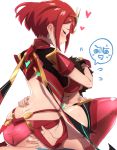  1boy 1girl armor ass ass_grab back bad_id bad_pixiv_id breast_smother breasts brown_hair butt_crack closed_eyes earrings gem grabbing headpiece highres homura_(xenoblade_2) hug jewelry large_breasts mokki nervous red_hair red_shorts rex_(xenoblade_2) sex short_hair short_shorts shorts shoulder_armor sitting thighhighs tiara xenoblade_(series) xenoblade_2 