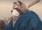  2020 anthro brown_body brown_fur canid canine clothing cute_fangs fur humanoid_hands kemono kota&acute; male mammal overweight overweight_male raccoon_dog robe solo tanuki weapon 
