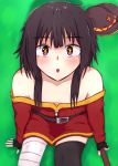  1girl :o bare_shoulders belt black_gloves black_legwear blush breasts brown_hair collarbone dress eyebrows_visible_through_hair gloves hat highres kono_subarashii_sekai_ni_shukufuku_wo! looking_at_viewer megumin open_mouth pugpuggy red_dress red_eyes self_upload skirt small_breasts solo sparkle staff thighhighs thighs witch witch_hat 