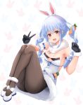  1girl animal_ears ass bare_shoulders black_gloves black_leotard blue_hair braid brown_legwear bunny_ears bunny_girl carrot_hair_ornament coat detached_sleeves food_themed_hair_ornament fur_collar fur_trim gloves hair_ornament hands_up highres hololive knees_up leotard long_hair looking_at_viewer neneru open_mouth orange_eyes pantyhose shoes solo strapless strapless_leotard twin_braids twintails usada_pekora v virtual_youtuber white_coat white_footwear 
