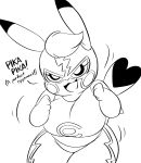  &lt;3_tail 2020 anthro big_breasts breasts cleft_tail clothing cosplay_pikachu_(character) cosplay_pikachu_(costume) dialogue digital_media_(artwork) dipstick_ears dipstick_tail english_text female hi_res joaoppereiraus kanna_(joaoppereiraus) looking_at_viewer monochrome multicolored_ears multicolored_tail nintendo open_mouth pikachu pikachu_libre pok&eacute;mon pok&eacute;mon_(species) simple_background solo text thick_thighs video_games white_background 