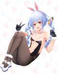 1girl animal_ears ass bare_shoulders black_gloves black_leotard blue_hair braid brown_legwear bunny_ears bunny_girl carrot_hair_ornament center_opening detached_sleeves food_themed_hair_ornament fur_collar fur_trim gloves hair_ornament hands_up highres hololive knees_up leotard long_hair looking_at_viewer navel neneru open_mouth orange_eyes pantyhose shoes solo stomach strapless strapless_leotard twin_braids twintails usada_pekora v virtual_youtuber white_footwear 