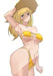  1girl ashiomi_masato bikini blonde_hair blue_eyes blush breasts eyepatch_bikini hat large_breasts long_hair millia_rage navel parted_lips solo swimsuit very_long_hair yellow_bikini 