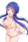  1girl :d arms_behind_back bare_arms bare_shoulders bikini blue_hair breasts cai_geng cleavage collarbone cowboy_shot frilled_bikini frills front-tie_bikini front-tie_top idolmaster idolmaster_million_live! kitakami_reika large_breasts long_hair looking_at_viewer navel open_mouth orange_eyes simple_background smile solo stomach stretch string_bikini swimsuit thighs white_background yellow_bikini 