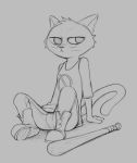  anthro baseball_bat bat_(object) cheek_tuft clothed clothing domestic_cat facial_tuft felid feline felis fully_clothed fur grey_background head_tuft hi_res mae_borowski mammal monochrome night_in_the_woods notched_ear s1m simple_background sitting sketch solo tuft video_games 