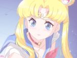  1girl artist_name bangs bishoujo_senshi_sailor_moon blonde_hair blue_background blue_eyes blue_sailor_collar blush choker circlet collarbone crescent crescent_earrings derivative_work earrings from_side glint hair_bobbles hair_ornament heart heart_choker jewelry parted_bangs parted_lips r3dfive red_choker sailor_collar sailor_moon sailor_moon_redraw_challenge screencap_redraw shirt short_sleeves solo tsukino_usagi twintails upper_body white_shirt 