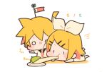  /\/\/\ 1boy 1girl baby bangs black_collar blonde_hair blush_stickers bow chibi children&#039;s_day collar commentary dated eating hair_bow hair_ornament hairclip kagamine_len kagamine_rin kitsune_no_ko koinobori lying mochi on_stomach outstretched_arms plate sailor_collar shirt short_hair short_ponytail short_sleeves solid_circle_eyes spiked_hair swept_bangs twitter_username vocaloid white_background white_bow white_shirt younger 