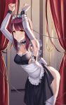  1girl aliceblue apron armpits arms_up bare_shoulders black_dress breasts bridal_gauntlets chain choker cleavage collarbone cowboy_shot cuffs curtains dress frilled_choker frilled_dress frills frown handcuffs highres indoors large_breasts long_hair looking_at_viewer maid maid_apron original panties red_hair restrained skindentation sleeveless sleeveless_dress solo standing thighhighs thighs underwear v-shaped_eyebrows waist_apron white_legwear white_panties yellow_eyes 