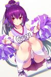  1girl ? armpits bangs blush breasts cheerleader clothes_writing emanon123 fate/grand_order fate_(series) hair_between_eyes highres holding_pom_poms large_breasts looking_at_viewer miniskirt open_mouth panties pantyshot pleated_skirt pom_poms purple_hair purple_ribbon red_eyes ribbon scathach_(fate)_(all) scathach_skadi_(fate/grand_order) shirt shoes skirt sleeveless sleeveless_shirt sneakers solo squatting underwear 