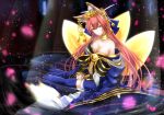  1girl absurdres animal_ear_fluff animal_ears bell blue_kimono blue_legwear blue_ribbon breasts cherry_blossoms cleavage collarbone commentary commentary_request crown fate/grand_order fate_(series) fox_ears fox_girl fox_tail hair_ribbon highres japanese_clothes kimono large_breasts long_hair looking_at_viewer multiple_tails off_shoulder petals pink_hair ribbon sitting solo tail tamamo_(fate)_(all) tamamo_no_mae_(fate) totororo very_long_hair yellow_eyes 