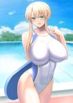  1girl ahoge artoria_pendragon_(all) artoria_pendragon_(lancer) bangs bare_shoulders blonde_hair blue_sky blue_swimsuit blush braid breasts collarbone competition_swimsuit covered_navel fate/grand_order fate_(series) french_braid green_eyes hair_between_eyes highleg highleg_swimsuit higofushi kickboard large_breasts long_hair looking_at_viewer one-piece_swimsuit pool sidelocks sky smile swimsuit thighs white_swimsuit 