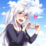  1girl blush breasts caffein casual heart heart_hands large_breasts long_hair looking_at_viewer open_mouth red_eyes silver_hair smile solo vocaloid voyakiloid yowane_haku 