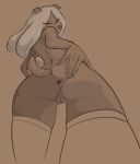 anthro anus butt canid canine canis clothing domestic_dog female genitals hand_on_butt hi_res legwear low-angle_view mammal monochrome pussy solo soulofmusashi spread_butt spreading thigh_highs 