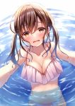  1girl bare_arms bare_shoulders bikini blush breasts brown_eyes brown_hair cleavage collarbone commentary_request large_breasts long_hair looking_at_viewer navel open_mouth original partially_submerged pink_bikini reaching_out sakura_hiyori solo standing swimsuit twintails water wet wet_hair 