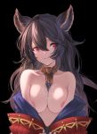  1girl absurdres bangs betabeet black_background black_hair breasts closed_mouth collarbone cum cum_on_body cum_on_breasts cum_on_upper_body erune granblue_fantasy hair_between_eyes highres jacket jewelry large_breasts long_hair long_sleeves looking_at_viewer neck_ring nier_(granblue_fantasy) nipples off_shoulder open_clothes open_jacket red_eyes simple_background 