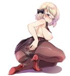  1girl absurdres ass azur_lane bangs blonde_hair blue_eyes blush breasts brown_legwear glasses hair_ribbon hand_on_ass harigane_shinshi high_heels highres large_breasts nipples panties panties_under_pantyhose pantyhose pencil_skirt ribbon short_hair simple_background skirt solo thighband_pantyhose underwear white_background z23_(azur_lane) z23_(teacher_of_philosophy)_(azur_lane) 