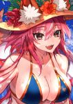  1girl absurdres animal_ear_fluff animal_ears bangs bare_shoulders bikini blue_bikini blush breasts cleavage collarbone fate/grand_order fate_(series) flower fox_ears fox_girl fox_tail grangrangao hat hat_flower highres innertube large_breasts long_hair open_mouth pink_hair smile straw_hat swimsuit tail tamamo_(fate)_(all) tamamo_no_mae_(swimsuit_lancer)_(fate) wet yellow_eyes 