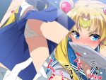  1girl ass bishoujo_senshi_sailor_moon blonde_hair blue_eyes blue_sailor_collar blue_skirt blush breasts cleavage covering_mouth crescent crescent_earrings earrings eyebrows_visible_through_hair from_below gloves hand_over_own_mouth jewelry long_hair looking_to_the_side mtu_(orewamuzituda) multiple_views panties photo_(object) pleated_skirt sailor_collar sailor_moon sailor_moon_redraw_challenge shirt skirt solo_focus tiara tsukino_usagi twintails underwear white_gloves white_panties white_shirt 