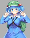  1girl backpack bag bangs blue_eyes blue_hair blue_skirt blush breasts cabbie_hat commentary_request double_v eyebrows_visible_through_hair frilled_shirt_collar frills green_headwear grey_background grin hair_bobbles hair_ornament hands_up hat highres kawashiro_nitori key looking_at_viewer medium_breasts partial_commentary shirt short_hair simple_background skirt skirt_set smile solo tarmo touhou upper_body v white_shirt 