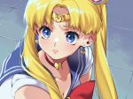  1girl bangs bishoujo_senshi_sailor_moon blonde_hair blue_eyes blue_sailor_collar bow bowtie breasts choker cleavage crescent crescent_earrings derivative_work diadem earrings from_side hair_ornament heart heart_choker highres jewelry karasuma_yayoi parted_bangs parted_lips red_choker red_neckwear sailor_collar sailor_moon school_uniform screencap_redraw serafuku solo sweatdrop twintails upper_body 