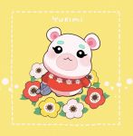  1girl animal_ears blush character_name doubutsu_no_mori flower furry hamster hamster_ears highres leaf satojoyu solo watering_can yellow_background yukimi_(doubutsu_no_mori) 