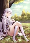  1girl absurdres bare_legs blush bow breasts dress forest girls_frontline hair_bow hand_on_breast highres iws-2000_(girls_frontline) kneehighs long_hair looking_at_viewer nature no_shoes prothymos red_eyes silver_hair sitting sitting_on_lap sitting_on_person socks solo thighhighs thighs white_dress white_hair white_legwear 