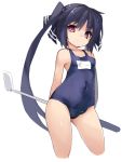  1girl arms_behind_back ass_visible_through_thighs black_hair covered_navel golf_club karukan_(monjya) kooh long_hair one-piece_swimsuit pangya red_eyes ribbon school_swimsuit simple_background solo swimsuit thighs twintails white_background 