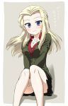  1girl black_skirt blonde_hair blue_eyes blush border breasts clara_(girls_und_panzer) cleavage closed_mouth collarbone eyebrows_visible_through_hair feet_out_of_frame girls_und_panzer green_jacket grey_background highres inoue_kouji jacket large_breasts looking_at_viewer military military_uniform miniskirt pravda_military_uniform shadow shiny shiny_hair simple_background sitting skirt smile solo translation_request uniform white_border 