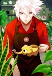  1boy apron bangs black_apron blue_eyes closed_mouth fate/apocrypha fate/extella fate/extra fate/extra_ccc fate/grand_order fate_(series) flower garden gloves hair_between_eyes highres hk_nemo holding karna_(fate) long_hair long_sleeves looking_at_viewer male_focus no_earrings pale_skin plant red_shirt shirt solo tree upper_body white_hair 