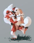  absurd_res ae ambiguous_gender anthro black_claws brown_body brown_fur canid canine carrying claws duo feral fur grass grey_background happy hi_res lycanroc mammal midnight_lycanroc nintendo one_eye_closed open_mouth pawpads pink_nose pok&eacute;mon pok&eacute;mon_(species) red_body red_eyes red_fur rockruff sharp_teeth simple_background standing teeth toe_claws tongue tuft video_games white_body white_fur wink 