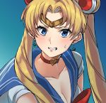  1girl bangs bishoujo_senshi_sailor_moon blonde_hair blue_background blue_eyes blue_sailor_collar bow bowtie breasts choker cleavage clenched_teeth collarbone crescent crescent_earrings derivative_work diadem double_bun earrings from_side fujitsubo_(hujitubo0731) hair_ornament heart heart_choker highres jewelry parted_bangs red_choker red_neckwear sailor_collar sailor_moon sailor_moon_redraw_challenge screencap_redraw simple_background solo sweatdrop teeth tsukino_usagi twintails upper_body 