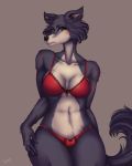  4:5 anthro beastars bra breasts canid canine canis chango-tan cleavage clothed clothing female front_view fur grey_background grey_body grey_fur hand_on_thigh hi_res juno_(beastars) looking_at_viewer mammal panties portrait pubes simple_background solo three-quarter_portrait underwear wolf 