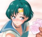  1girl aqua_hair bangs bishoujo_senshi_sailor_moon blue_bow blue_choker blue_eyes blue_sailor_collar blush bow breasts check_commentary choker circlet cleavage clenched_teeth commentary_request condom condom_wrapper crying crying_with_eyes_open derivative_work earrings eyebrows_visible_through_hair furrowed_eyebrows holding holding_condom jewelry looking_at_object mizuno_ami nervous okumori_boy open_mouth parted_bangs sailor_collar sailor_mercury sailor_moon_redraw_challenge sailor_senshi_uniform screencap_redraw shirt short_hair short_sleeves stud_earrings sweat tears teeth white_shirt 