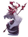  1girl absurdres alternate_costume chain commentary_request dark_persona di_yi_xing_zian fate/grand_order fate_(series) full_body hair_between_eyes highres holding holding_staff illyasviel_von_einzbern long_hair looking_at_viewer looking_back red_eyes solo staff white_hair 