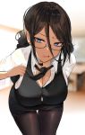  1girl adjusting_clothes adjusting_necktie amanda_(oni_noodle) black_vest blue_eyes blurry blurry_background braid breasts brown_hair cleavage collared_shirt cowboy_shot earrings english_commentary eyebrows_visible_through_hair glasses highres jewelry large_breasts leaning_forward long_hair mole mole_under_mouth necktie oni_noodle open_mouth original pantyhose partially_unbuttoned pencil_skirt shirt skirt solo sweat sweaty_clothes thigh_gap vest white_shirt 