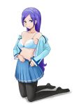 1girl aono_miki bakusai bangs black_legwear blue_bow blue_bra blue_eyes blue_hairband blue_shirt blue_skirt bow bow_bra bra breasts cleavage closed_mouth collarbone fresh_precure! full_body hairband kneeling long_hair long_sleeves looking_at_viewer medium_breasts miniskirt open_clothes open_shirt open_skirt pantyhose parted_bangs pleated_skirt precure purple_hair shiny shiny_hair shirt simple_background skirt smile solo underwear very_long_hair white_background 